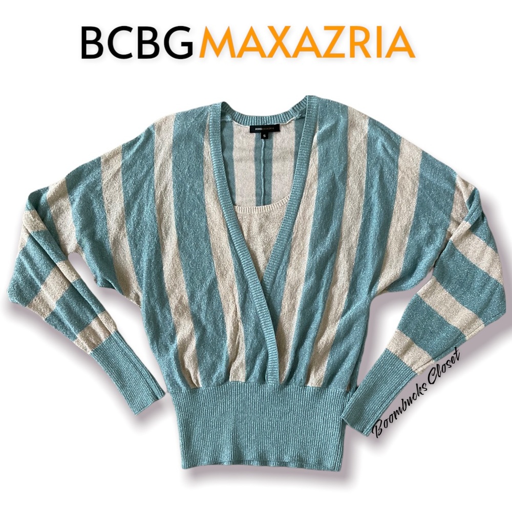 BCBG Maxazria Long Sleeves Glitter Blouse Size S Light Blue, Cream